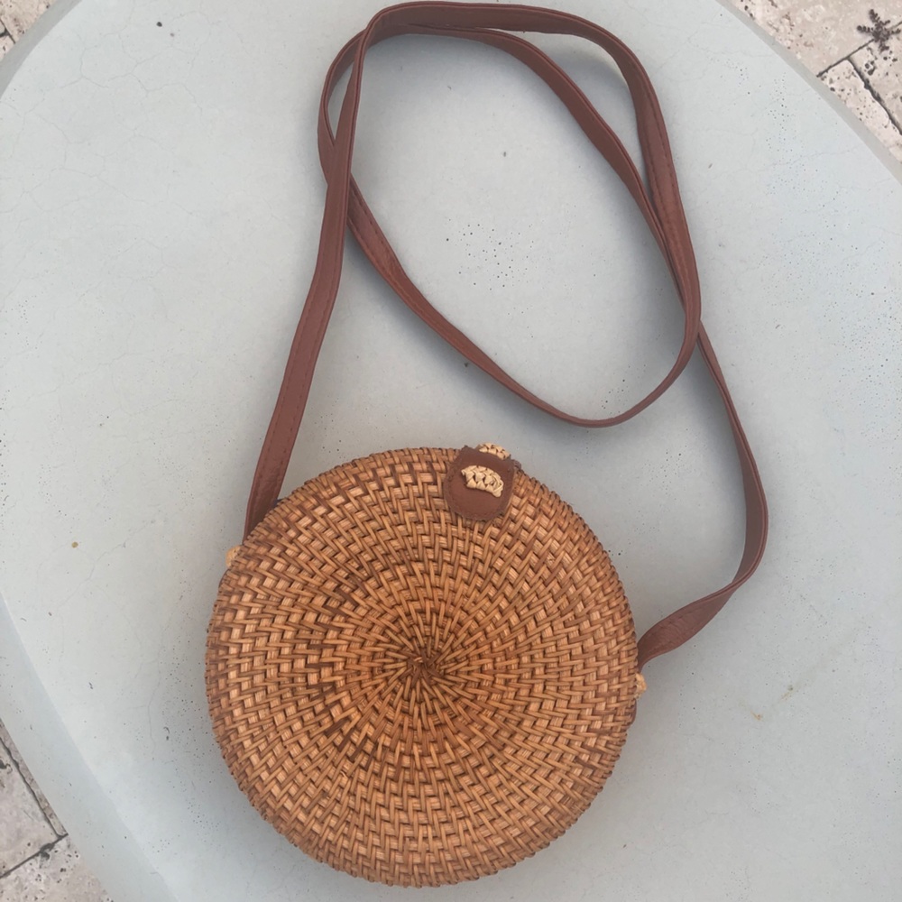 Woven Rattan purse with faux leather strap